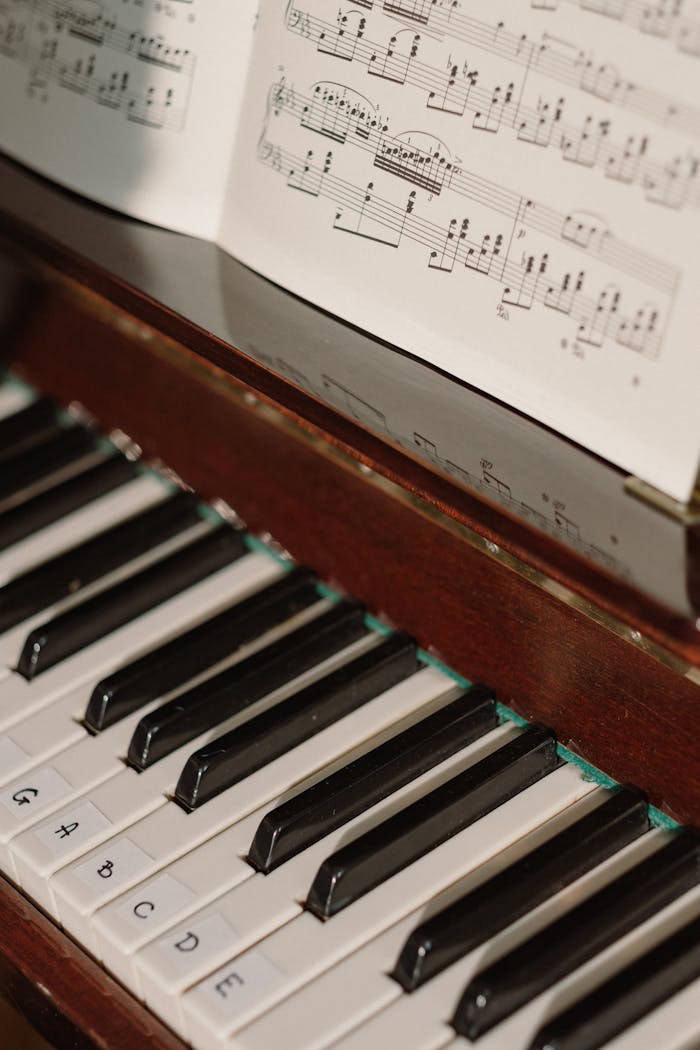 gallery-4 Detailed view of piano keys alongside a sheet music piece, capturing a musical ambiance.